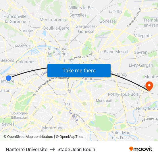 Nanterre Université to Stade Jean Bouin map