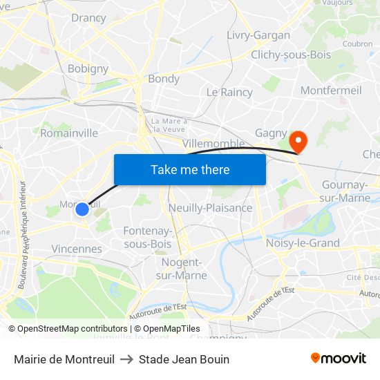 Mairie de Montreuil to Stade Jean Bouin map