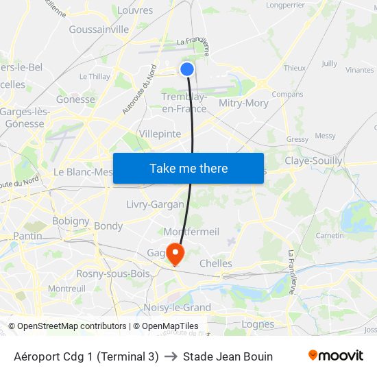 Aéroport Cdg 1 (Terminal 3) to Stade Jean Bouin map