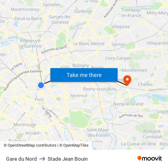 Gare du Nord to Stade Jean Bouin map