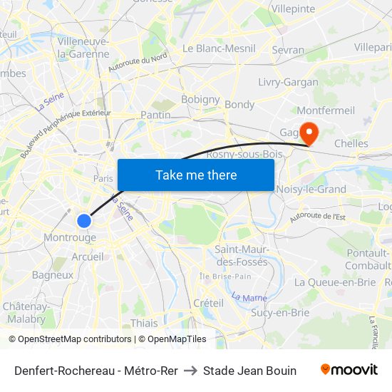Denfert-Rochereau - Métro-Rer to Stade Jean Bouin map