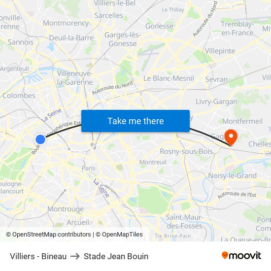 Villiers - Bineau to Stade Jean Bouin map