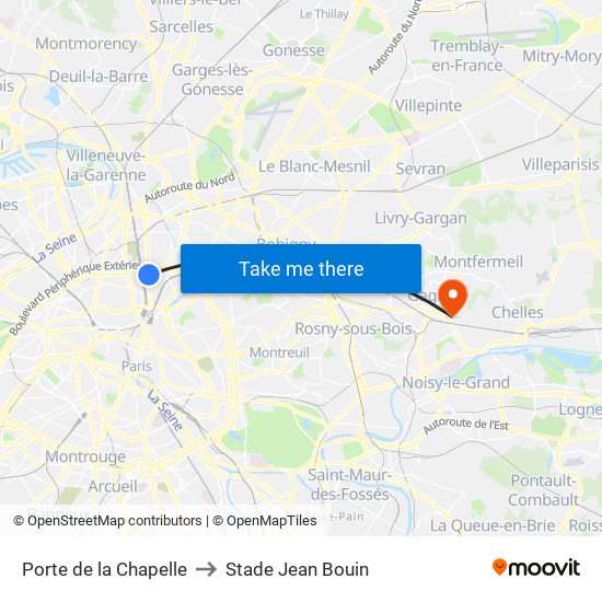 Porte de la Chapelle to Stade Jean Bouin map