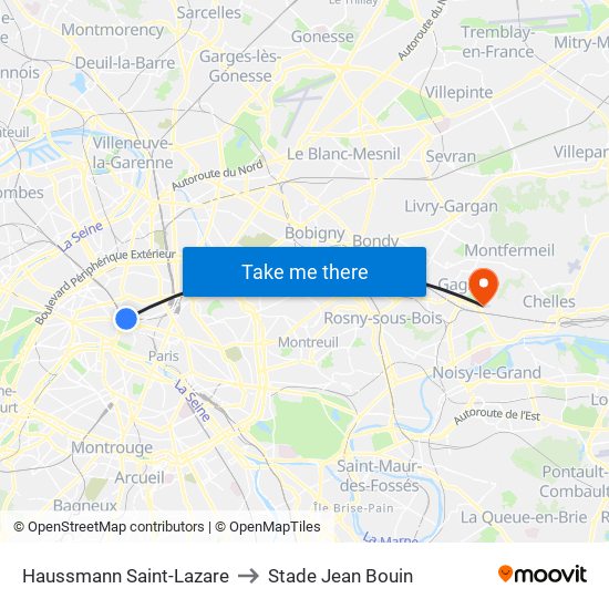 Haussmann Saint-Lazare to Stade Jean Bouin map