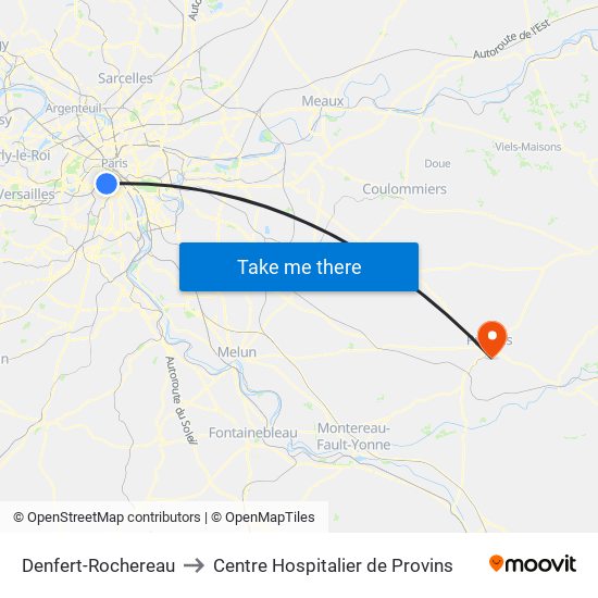 Denfert-Rochereau to Centre Hospitalier de Provins map