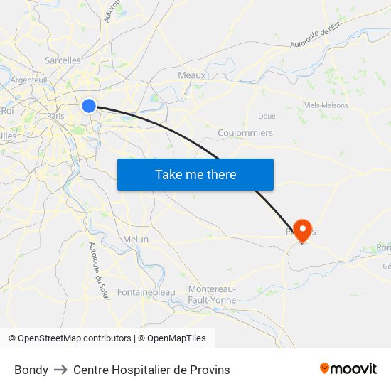 Bondy to Centre Hospitalier de Provins map