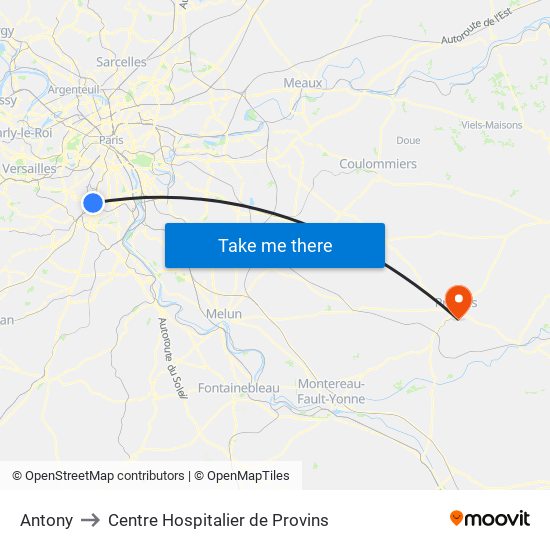 Antony to Centre Hospitalier de Provins map
