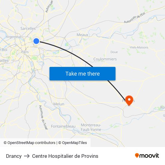Drancy to Centre Hospitalier de Provins map
