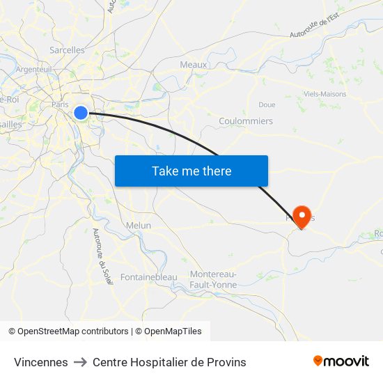 Vincennes to Centre Hospitalier de Provins map