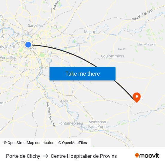 Porte de Clichy to Centre Hospitalier de Provins map