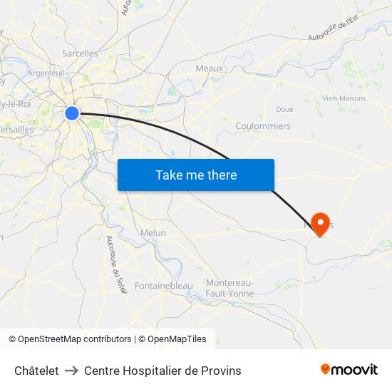 Châtelet to Centre Hospitalier de Provins map