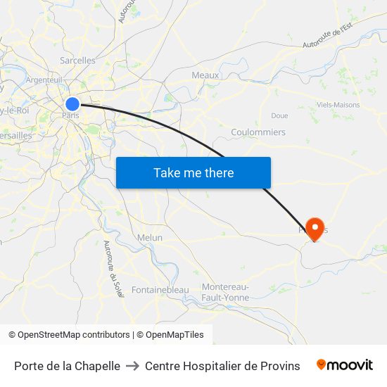 Porte de la Chapelle to Centre Hospitalier de Provins map