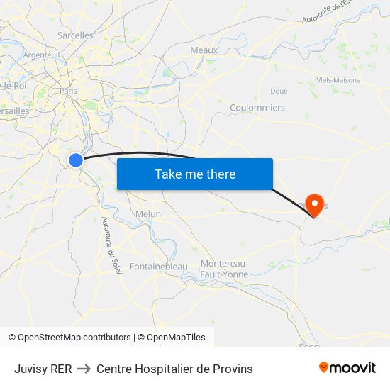 Juvisy RER to Centre Hospitalier de Provins map