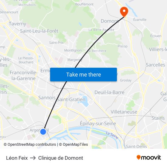 Léon Feix to Clinique de Domont map