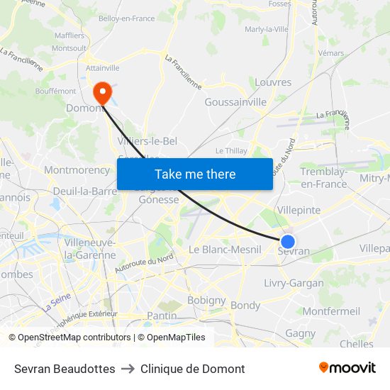Sevran Beaudottes to Clinique de Domont map