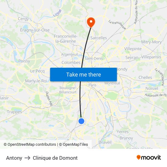 Antony to Clinique de Domont map