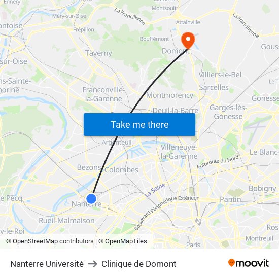 Nanterre Université to Clinique de Domont map