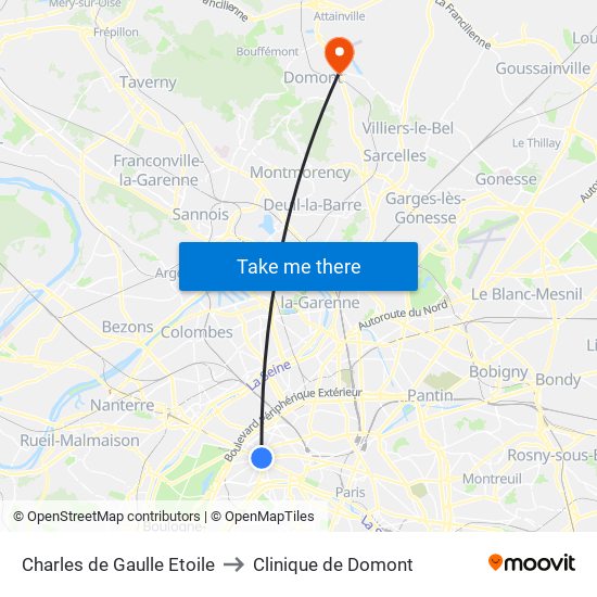 Charles de Gaulle Etoile to Clinique de Domont map