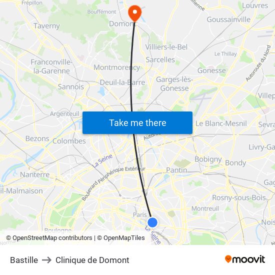 Bastille to Clinique de Domont map