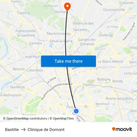 Bastille to Clinique de Domont map