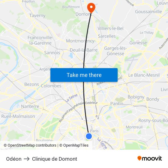 Odéon to Clinique de Domont map