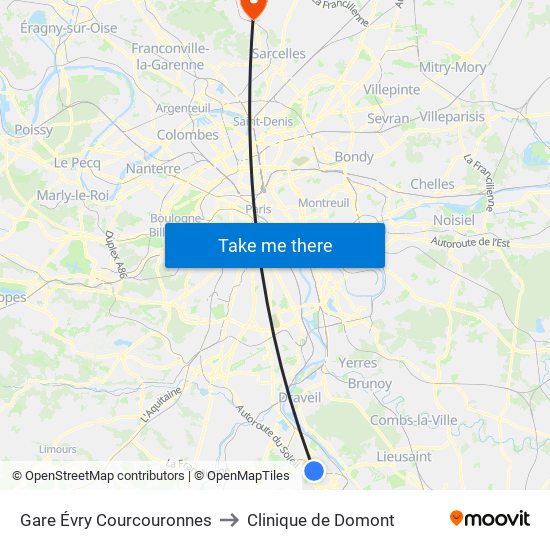 Gare Évry Courcouronnes to Clinique de Domont map