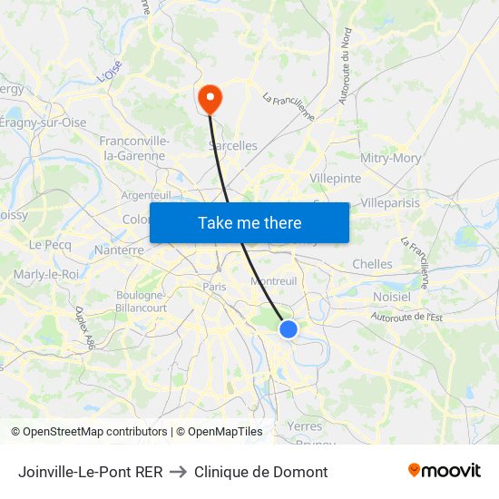 Joinville-Le-Pont RER to Clinique de Domont map
