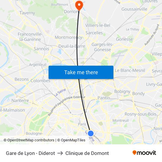 Gare de Lyon - Diderot to Clinique de Domont map