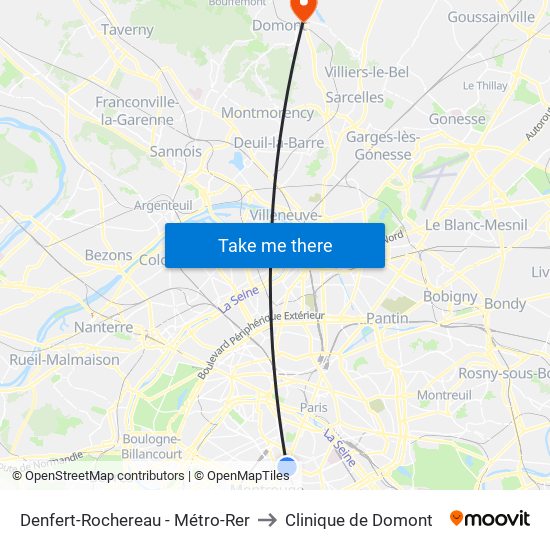 Denfert-Rochereau - Métro-Rer to Clinique de Domont map