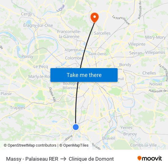 Massy - Palaiseau RER to Clinique de Domont map