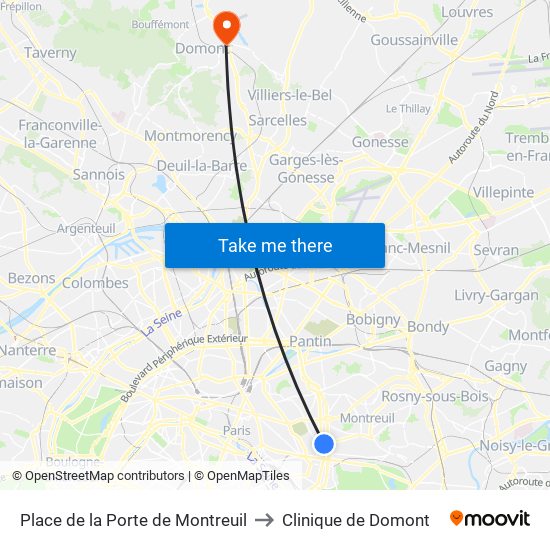 Place de la Porte de Montreuil to Clinique de Domont map
