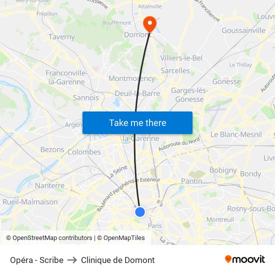 Opéra - Scribe to Clinique de Domont map