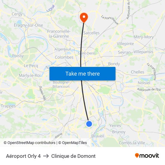 Aéroport Orly 4 to Clinique de Domont map