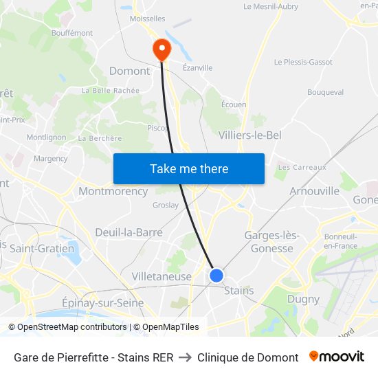 Gare de Pierrefitte - Stains RER to Clinique de Domont map