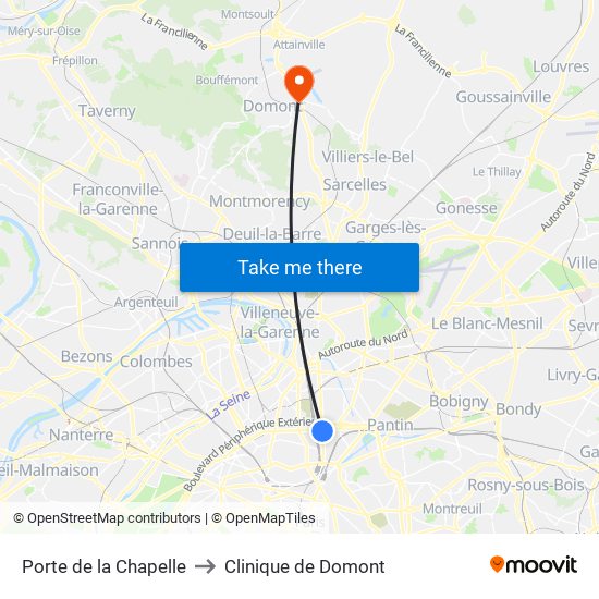 Porte de la Chapelle to Clinique de Domont map