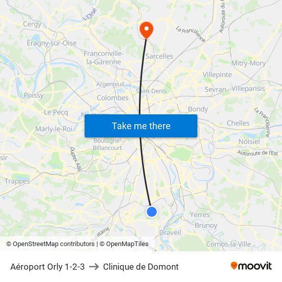 Aéroport Orly 1-2-3 to Clinique de Domont map