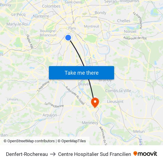 Denfert-Rochereau to Centre Hospitalier Sud Francilien map