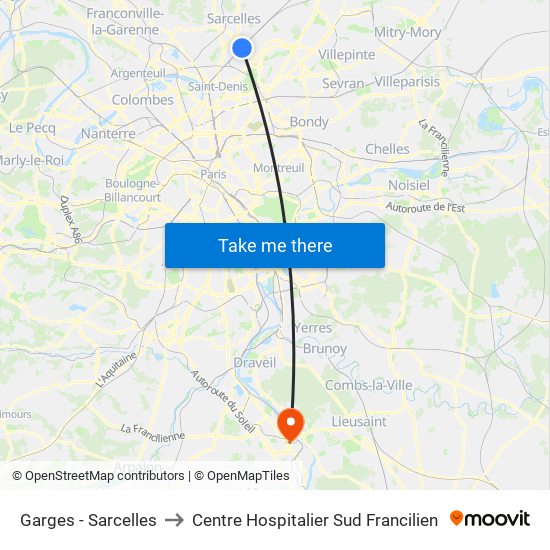 Garges - Sarcelles to Centre Hospitalier Sud Francilien map