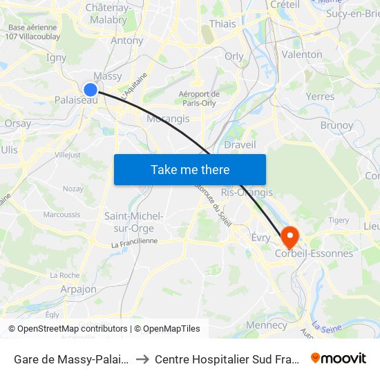 Gare de Massy-Palaiseau to Centre Hospitalier Sud Francilien map