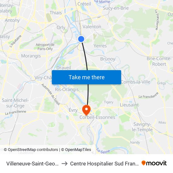 Villeneuve-Saint-Georges to Centre Hospitalier Sud Francilien map