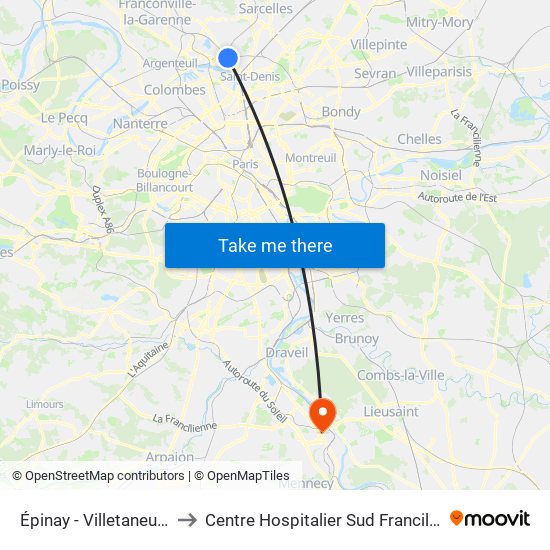 Épinay - Villetaneuse to Centre Hospitalier Sud Francilien map