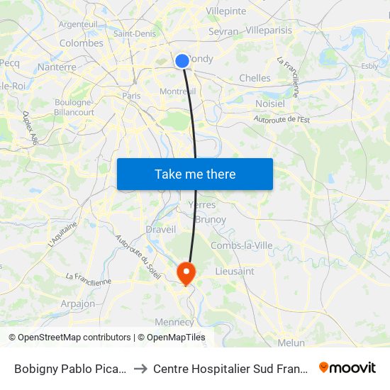Bobigny Pablo Picasso to Centre Hospitalier Sud Francilien map