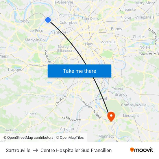 Sartrouville to Centre Hospitalier Sud Francilien map