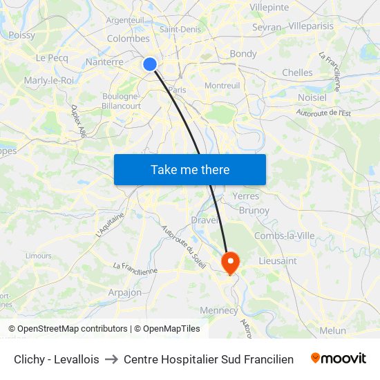 Clichy - Levallois to Centre Hospitalier Sud Francilien map