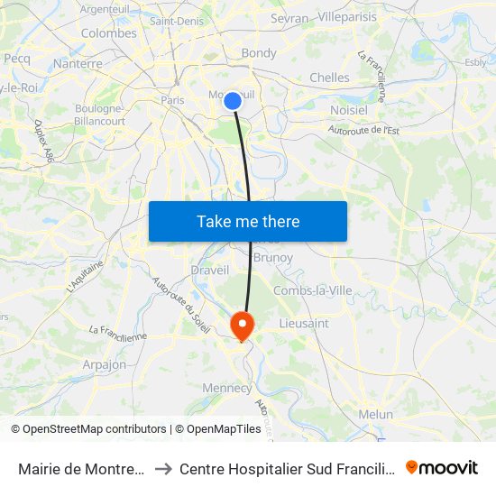 Mairie de Montreuil to Centre Hospitalier Sud Francilien map