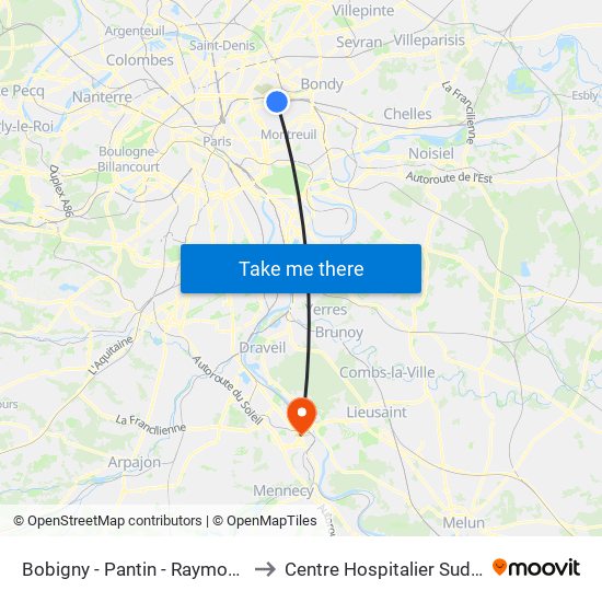Bobigny - Pantin - Raymond Queneau to Centre Hospitalier Sud Francilien map