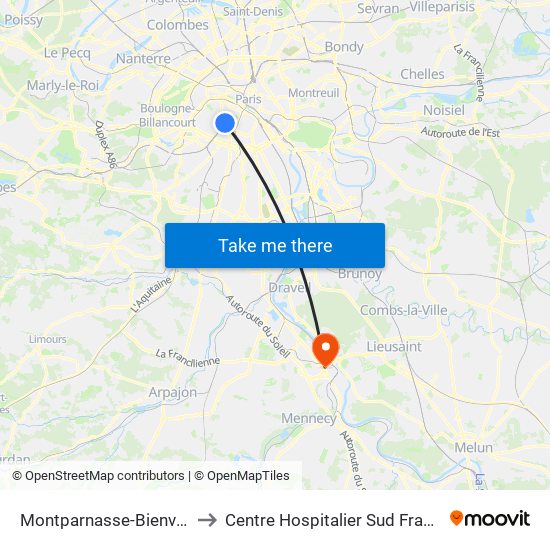 Montparnasse-Bienvenue to Centre Hospitalier Sud Francilien map