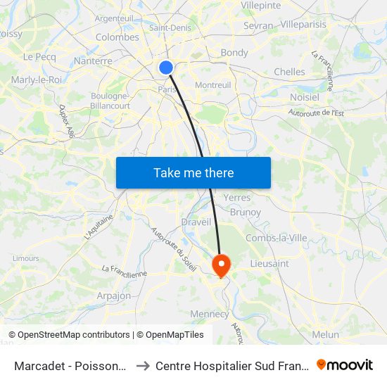 Marcadet - Poissonniers to Centre Hospitalier Sud Francilien map