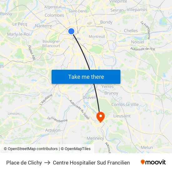 Place de Clichy to Centre Hospitalier Sud Francilien map