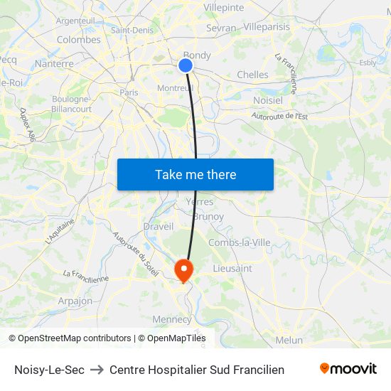 Noisy-Le-Sec to Centre Hospitalier Sud Francilien map
